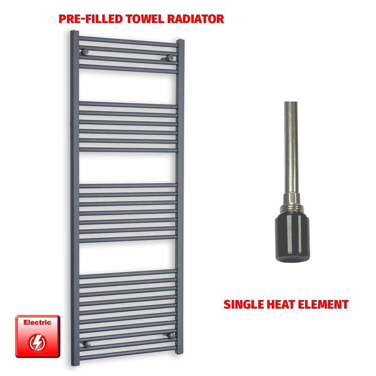 Single Heat / No Timer 1600 x 600 Flat Anthracite Pre-Filled Electric Heated Towel Rail Radiator