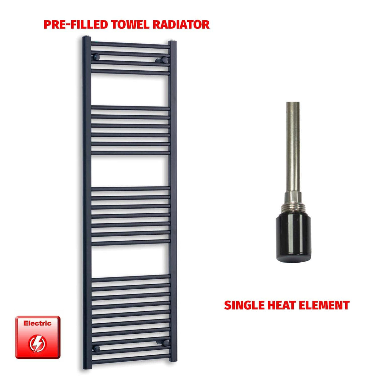 Single Heat / No Timer 1600 x 600 Flat Black Pre-Filled Electric Heated Towel Radiator HTR