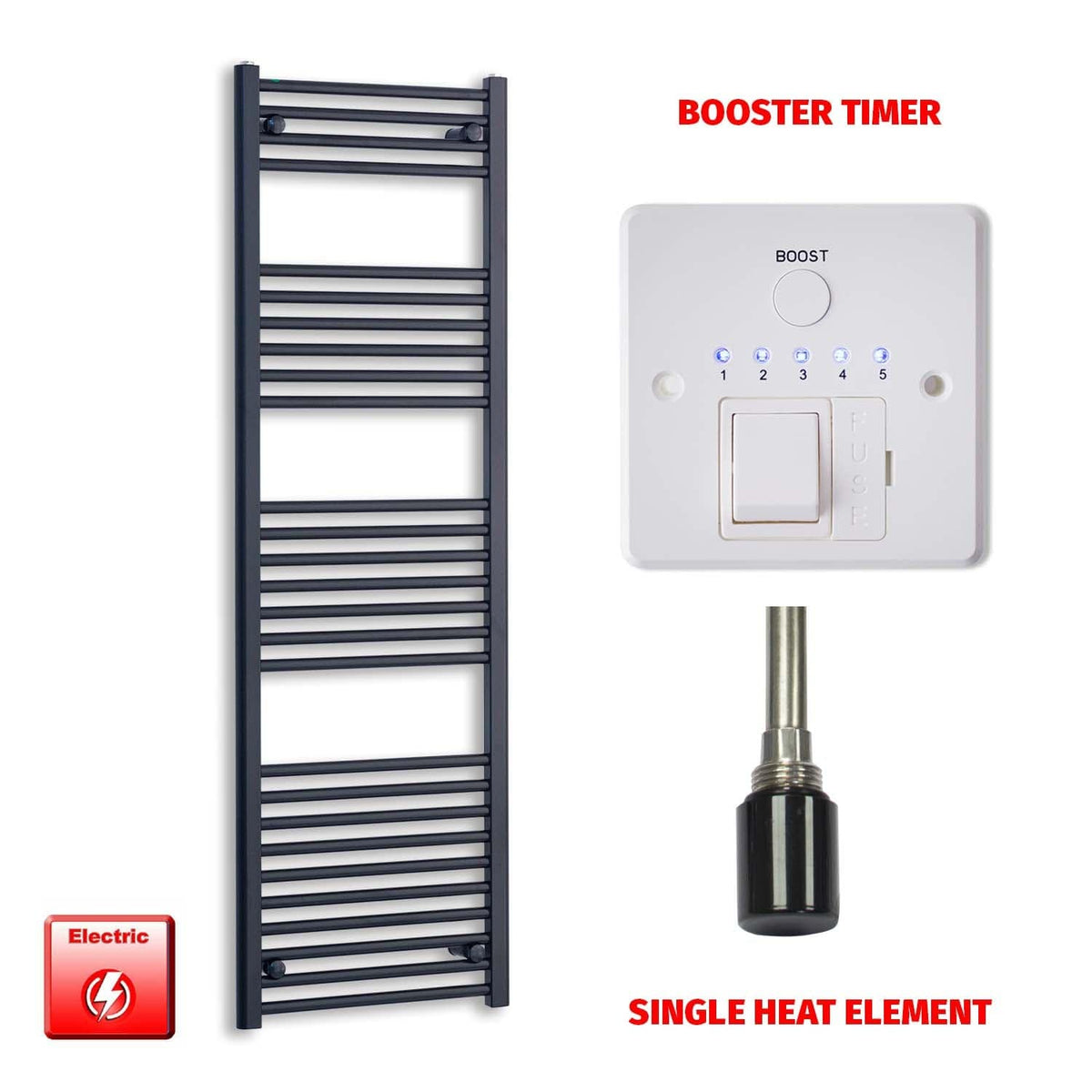 Single Heat / Booster Timer 1600 x 600 Flat Black Pre-Filled Electric Heated Towel Radiator HTR