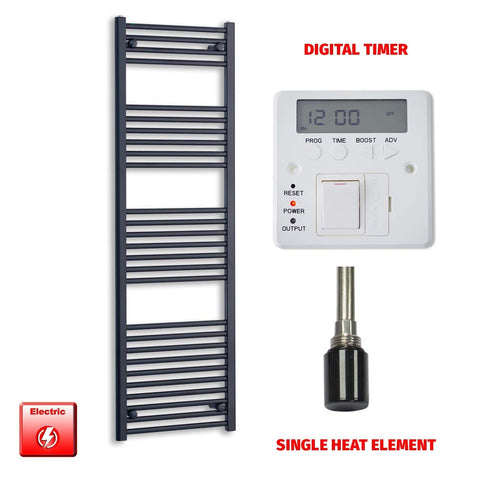 Single Heat / Digital Timer 1600 x 600 Flat Black Pre-Filled Electric Heated Towel Radiator HTR