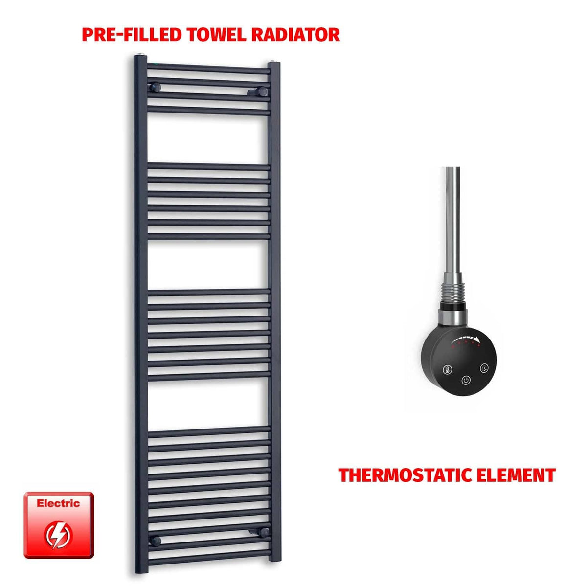 ER-Touch Thermostatic / No Timer 1600 x 600 Flat Black Pre-Filled Electric Heated Towel Radiator HTR