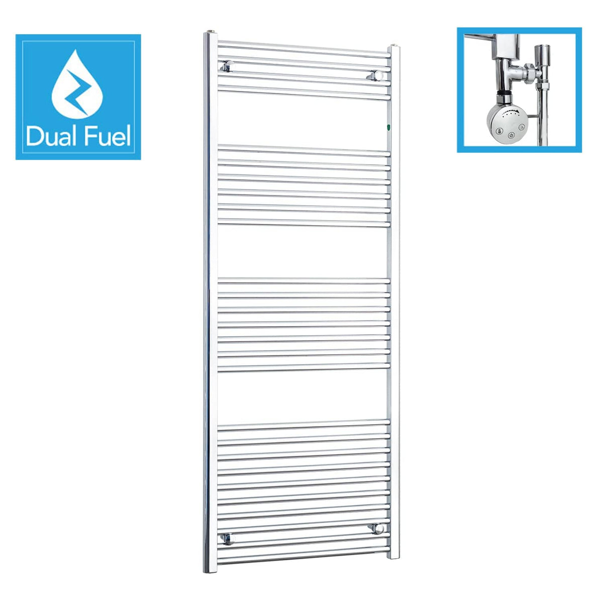 1600 x 650 Chrome Dual Fuel Flat Heated Towel Rail Radiator