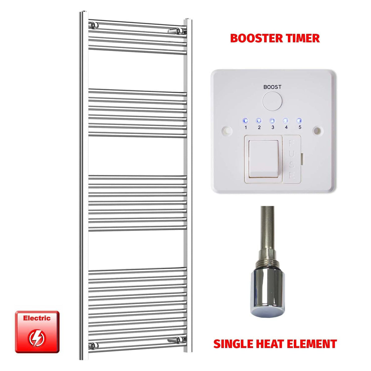 Single Heat / Booster Timer 1600 x 650 Electric Heated Towel Radiator Straight Chrome