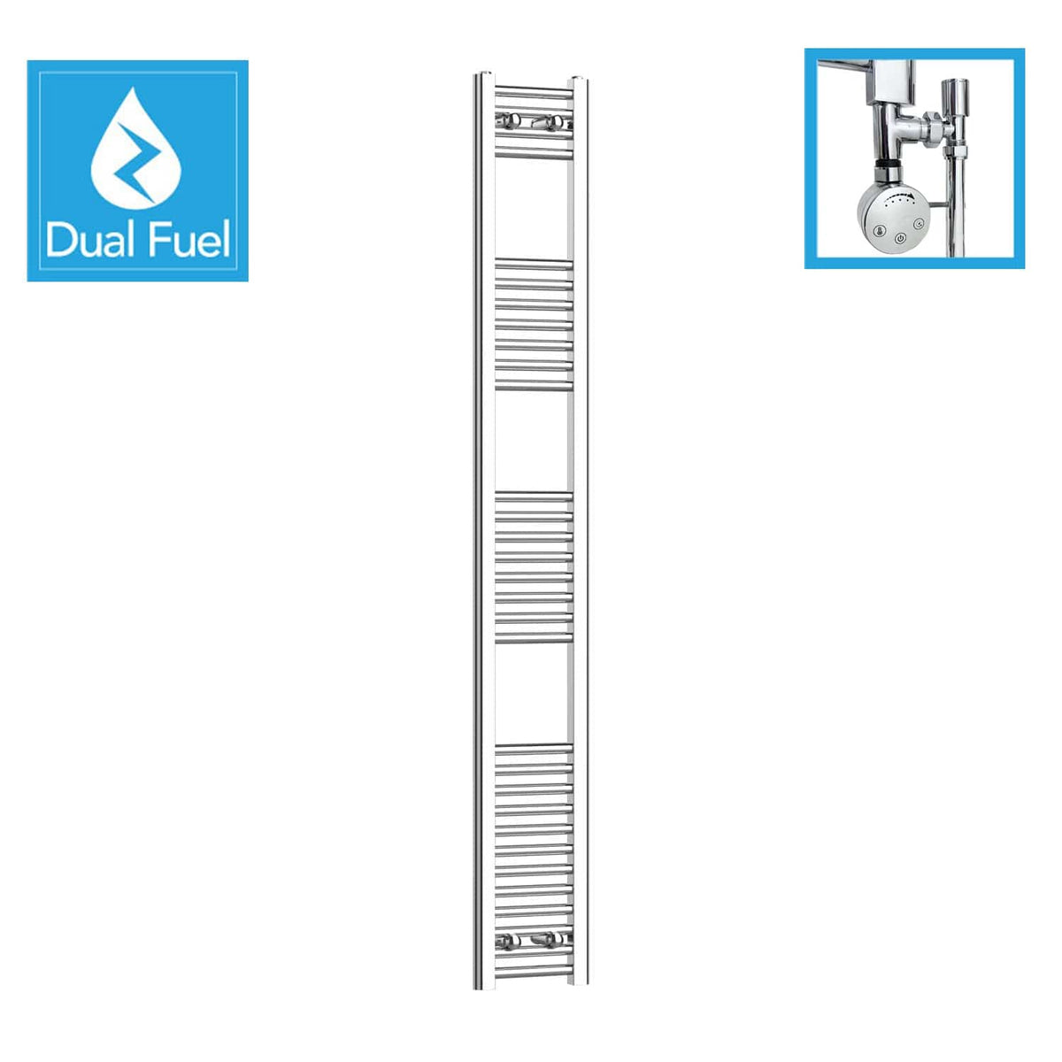 1800 x 200 Chrome Dual Fuel Flat Heated Towel Rail Radiator