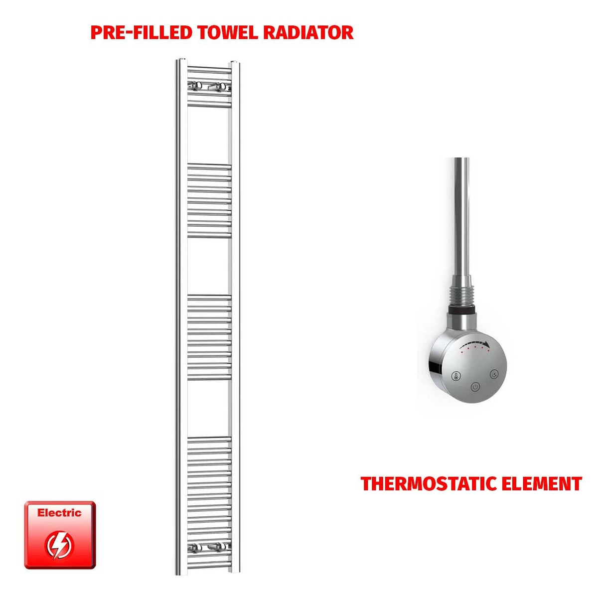 ER-Touch Thermostatic / No Timer 1800 x 250 Pre-Filled Electric Heated Towel Radiator Straight Chrome