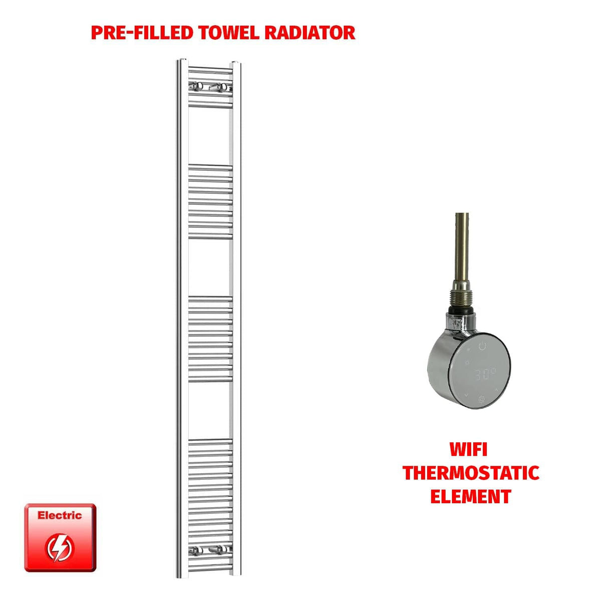 ER-Wifi Thermostatic / No Timer 1800 x 250 Pre-Filled Electric Heated Towel Radiator Straight Chrome