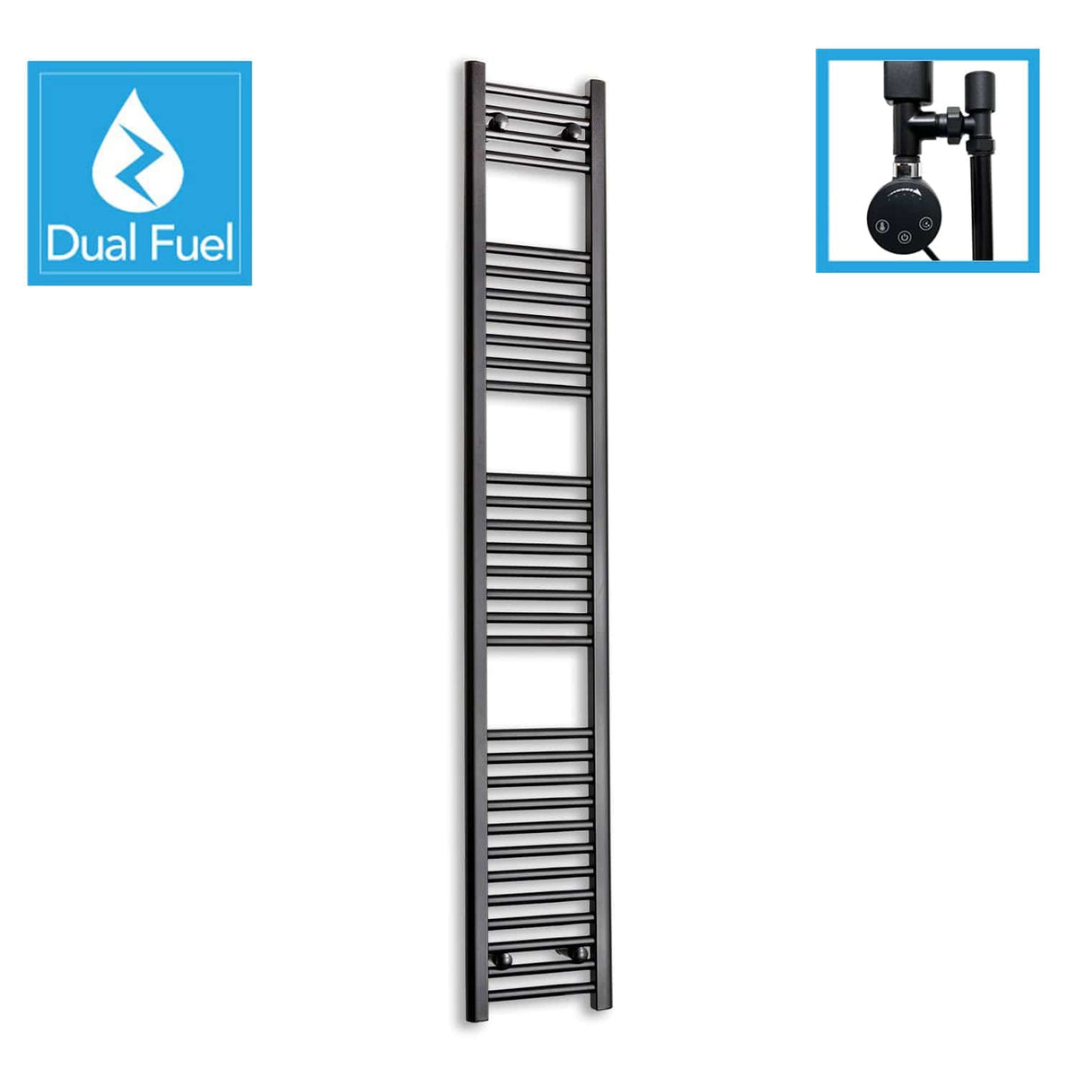 1800 x 300 Dual Fuel Flat Black Heated Towel Rail Radiator