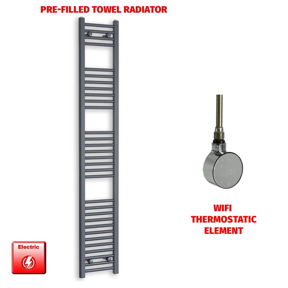 ER-Wifi Thermostatic / No Timer 1800 x 300 Flat Anthracite Pre-Filled Electric Towel Rail