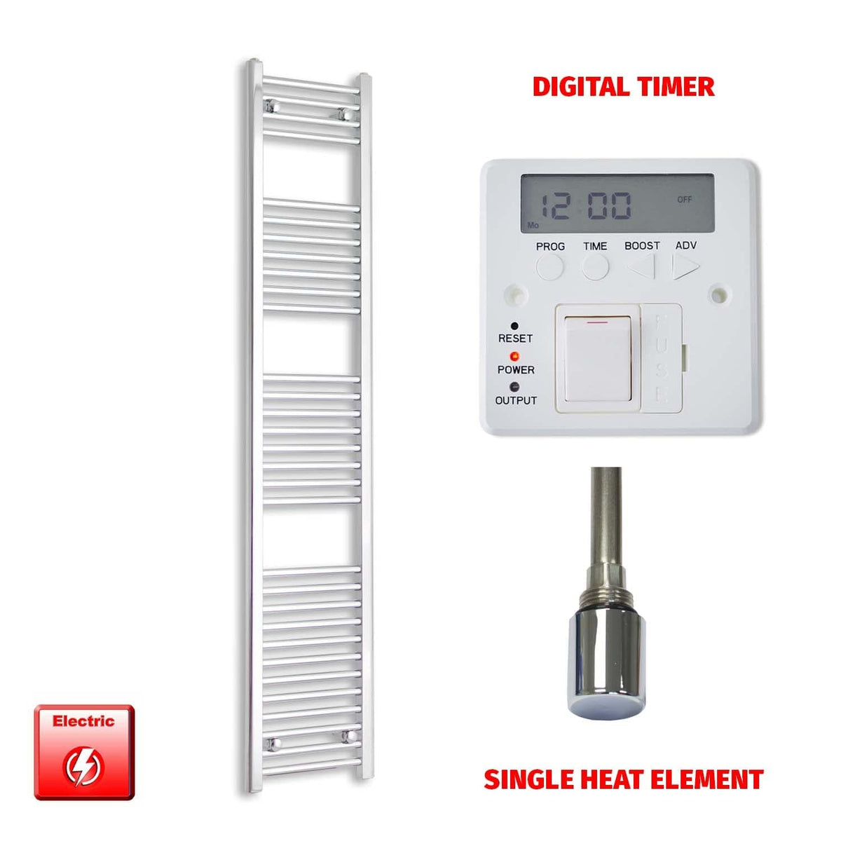 Single Heat / Digital Timer 1800 x 300 Pre-Filled Electric Heated Towel Radiator Straight Chrome