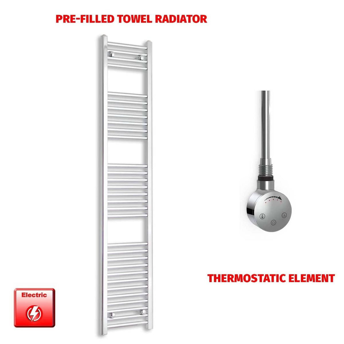 ER-Touch Thermostatic / No Timer 1800 x 300 Pre-Filled Electric Heated Towel Radiator Straight Chrome