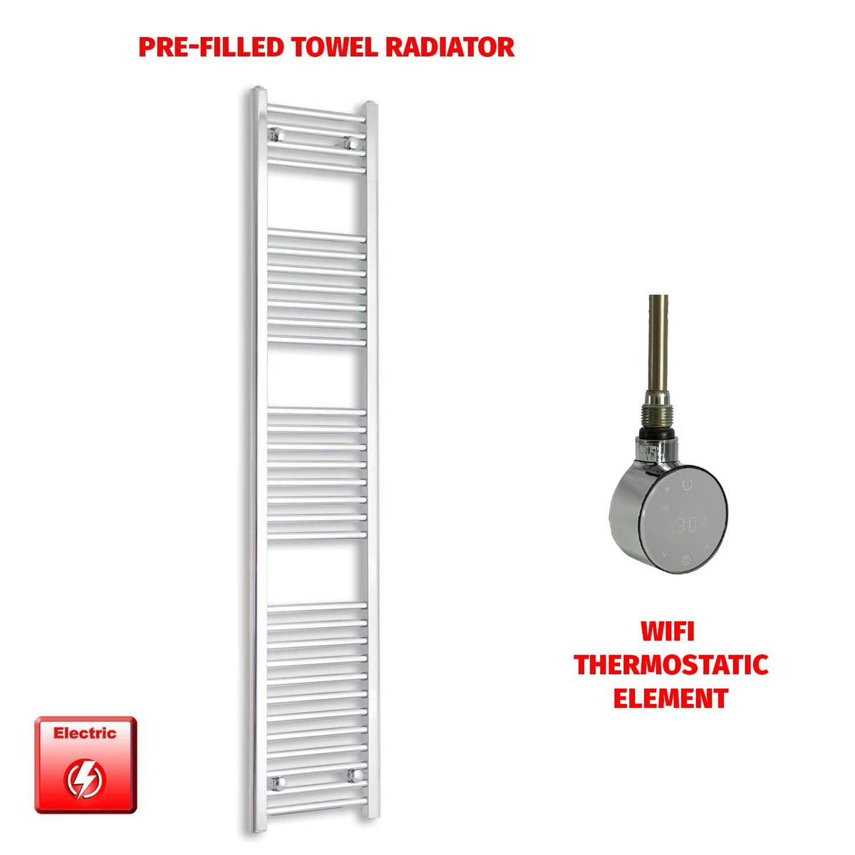 ER-Wifi Thermostatic / No Timer 1800 x 350 Pre-Filled Electric Chrome Heated Towel Rail