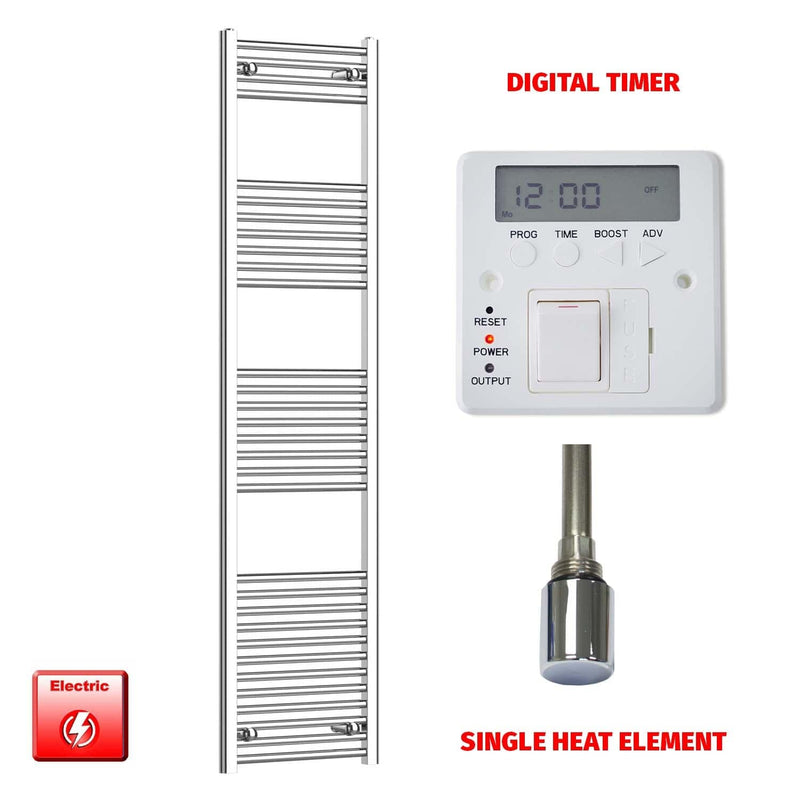 Flat / Single Heat / Digital Timer 1800 x 400 Chrome Electric Heated Towel Radiator Pre-Filled