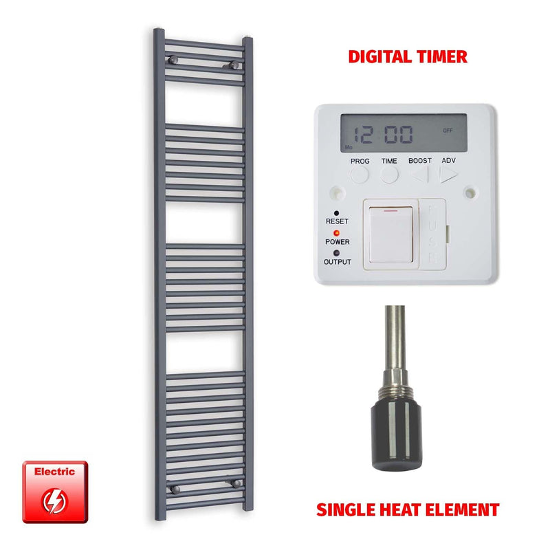 Single Heat / Digital Timer 1800 x 400 Flat Anthracite Pre-Filled Electric Towel Rail Radiator HTR