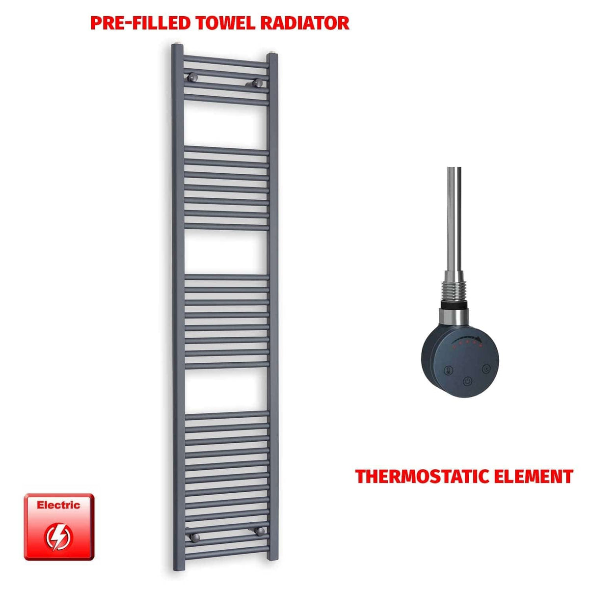 ER-Touch Thermostatic / No Timer 1800 x 400 Flat Anthracite Pre-Filled Electric Towel Rail Radiator HTR