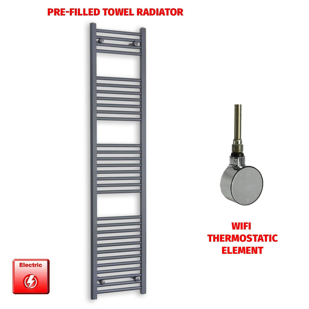 ER-Wifi Thermostatic / No Timer 1800 x 400 Flat Anthracite Pre-Filled Electric Towel Rail Radiator HTR