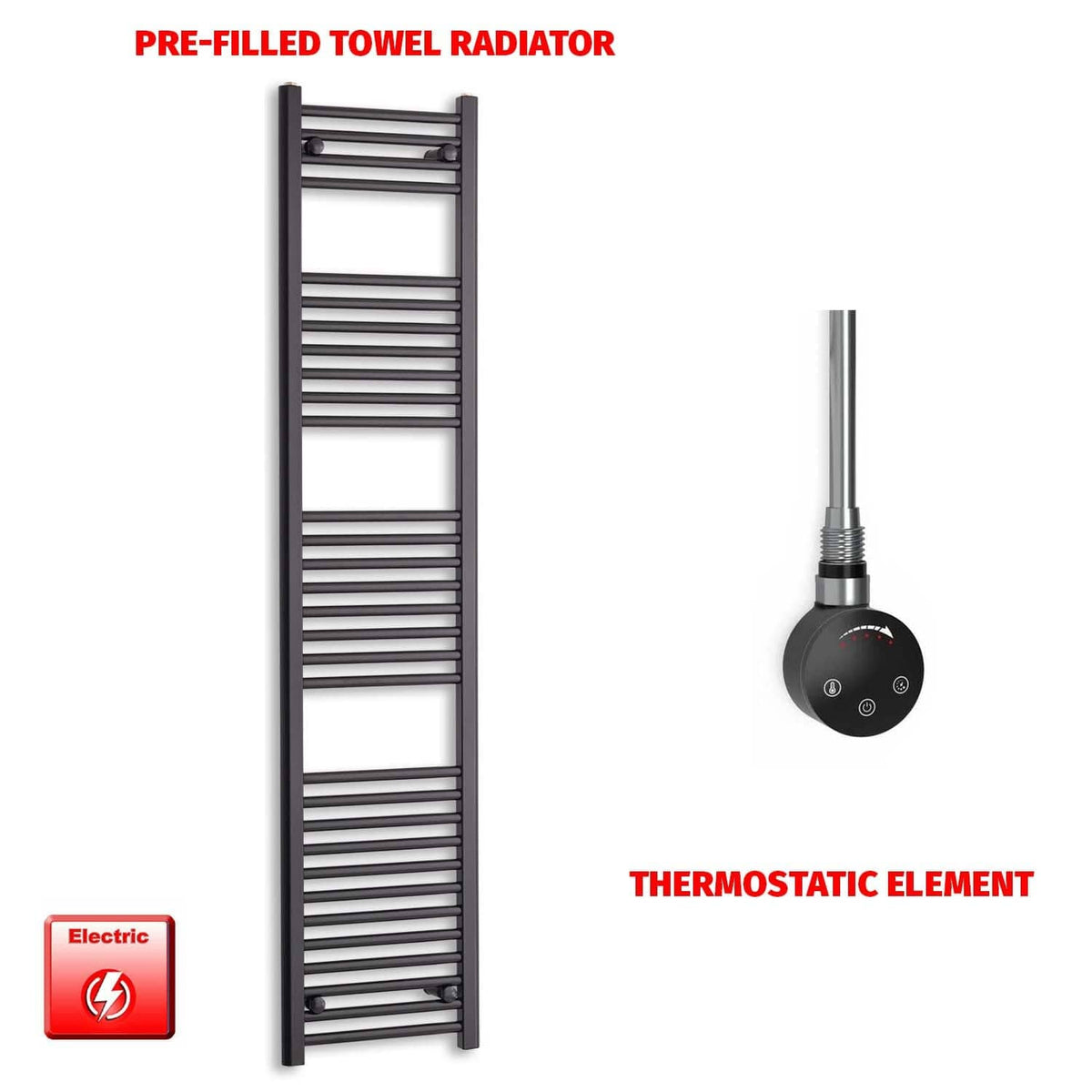 ER-Touch Thermostatic / No Timer 1800 x 400 Flat Black Pre-Filled Electric Heated Towel Rail HTR