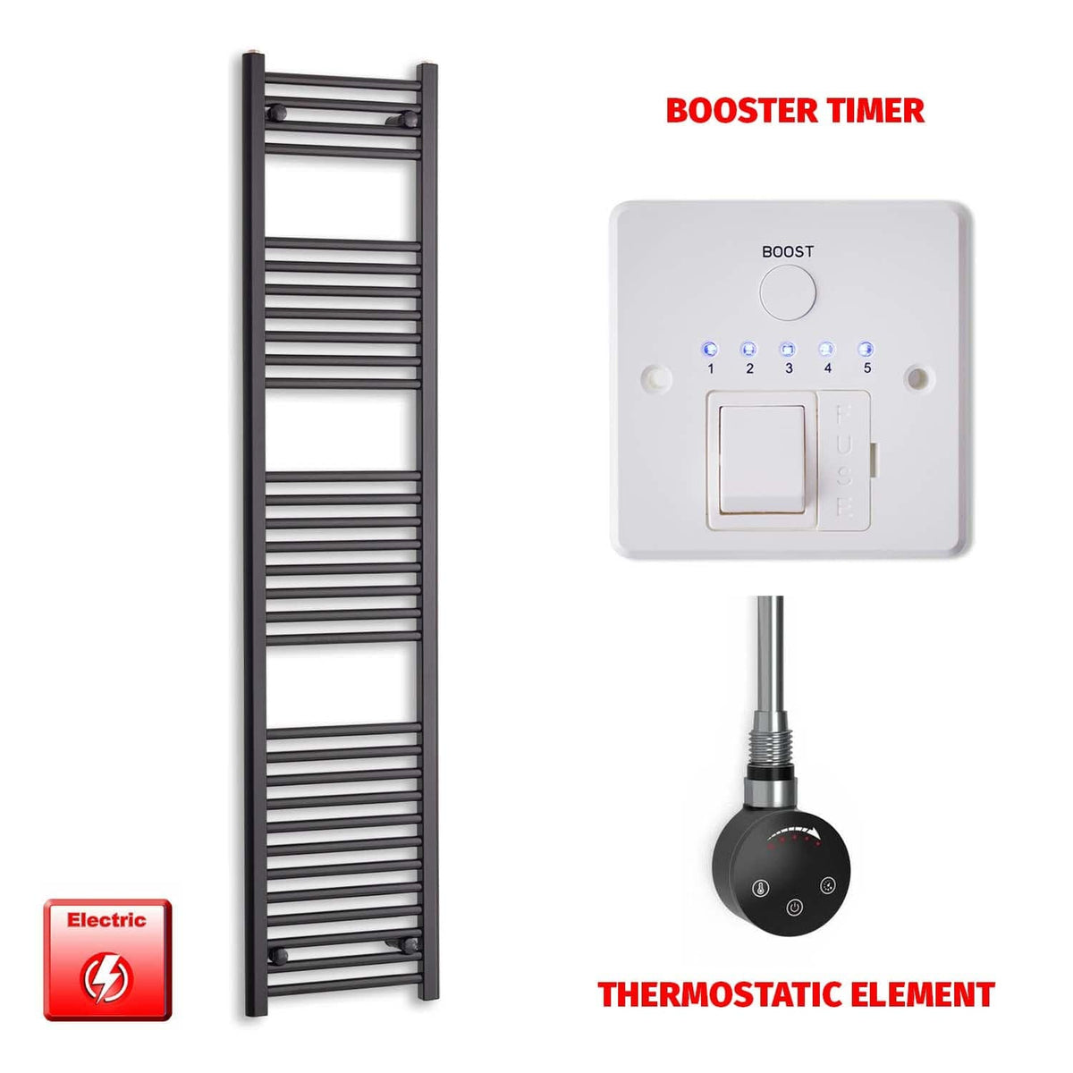 ER-Touch Thermostatic / Booster Timer 1800 x 400 Flat Black Pre-Filled Electric Heated Towel Rail HTR