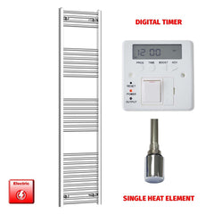 Single Heat / Digital Timer 1800 x 450 Pre-Filled Electric Heated Towel Radiator Straight Chrome