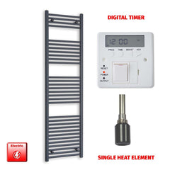 Single Heat / Digital Timer 1800 x 500 Flat Anthracite Pre-Filled Electric Heated Towel Radiator