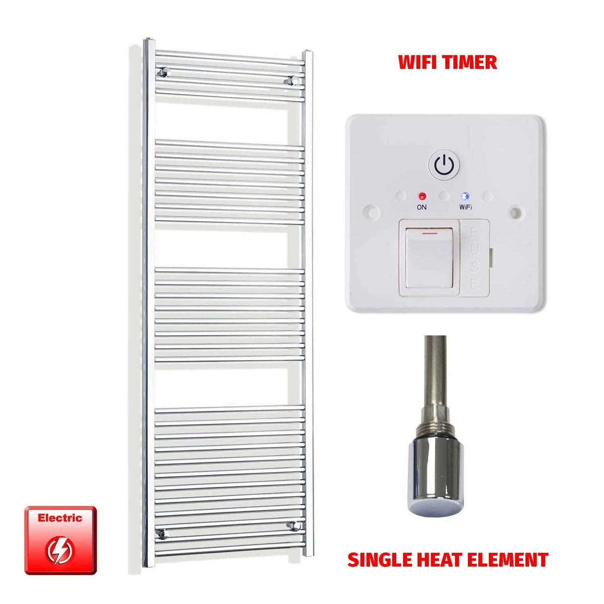 Single Heat / Wifi Timer 1800 x 550 Electric Heated Towel Radiator Straight Chrome