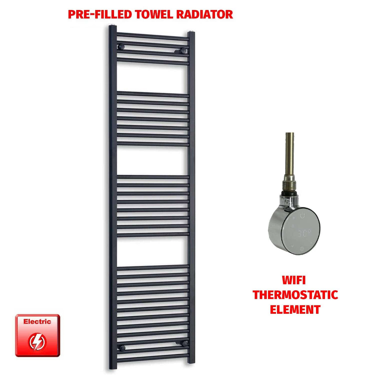 ER-Wifi Thermostatic / No Timer 1800 x 600 Flat Black Pre-Filled Electric Heated Towel Radiator HTR