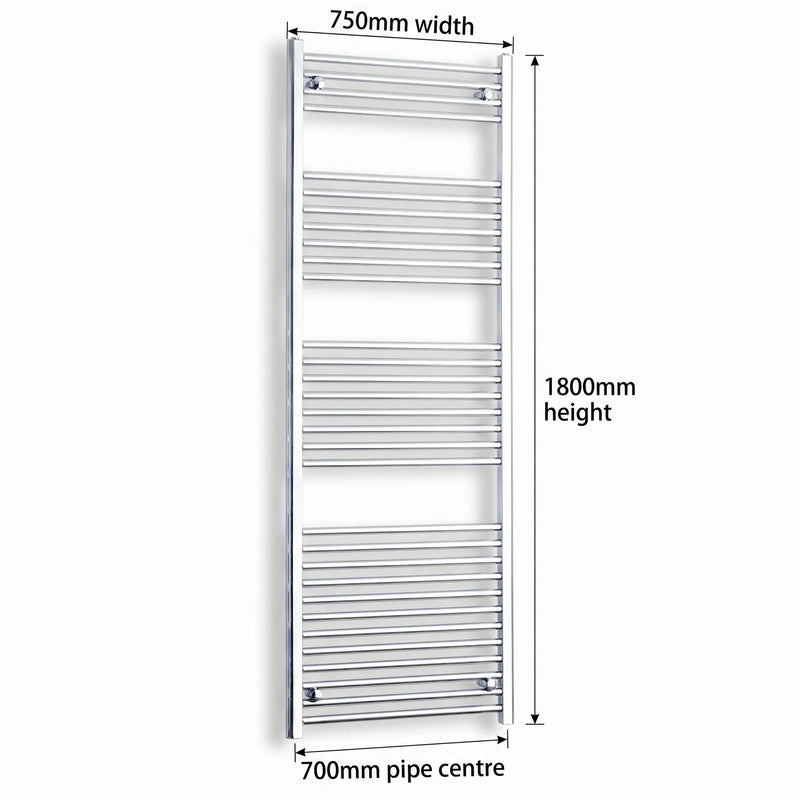 1800mm High 750mm Wide Heated Straight Towel Rail Radiator Chrome - Elegant Radiators