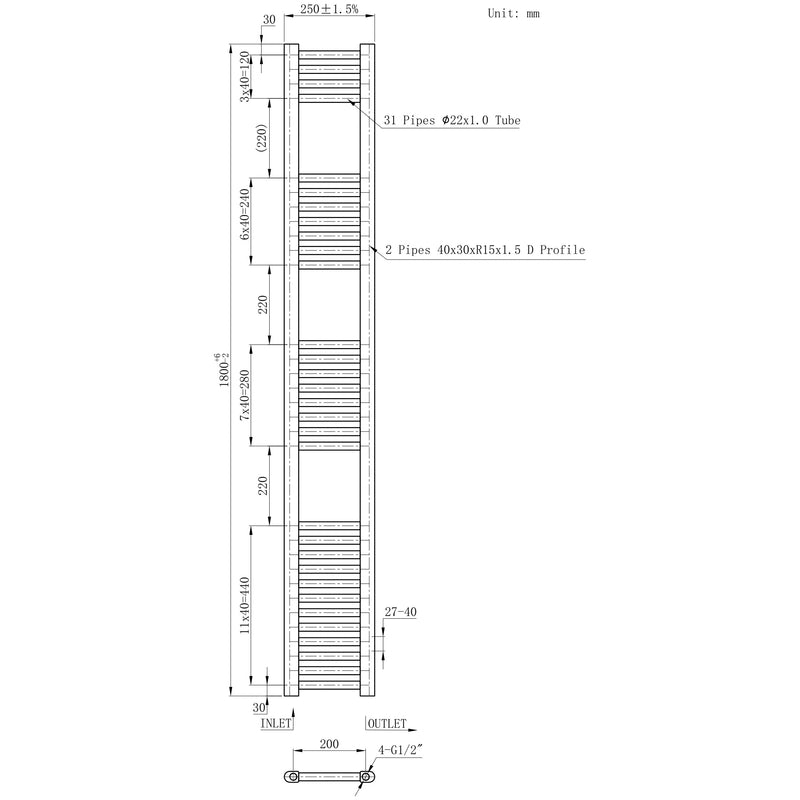 1800x250mm Pre Filled Electric Towel Rail Straight Chrome - Elegant Radiators