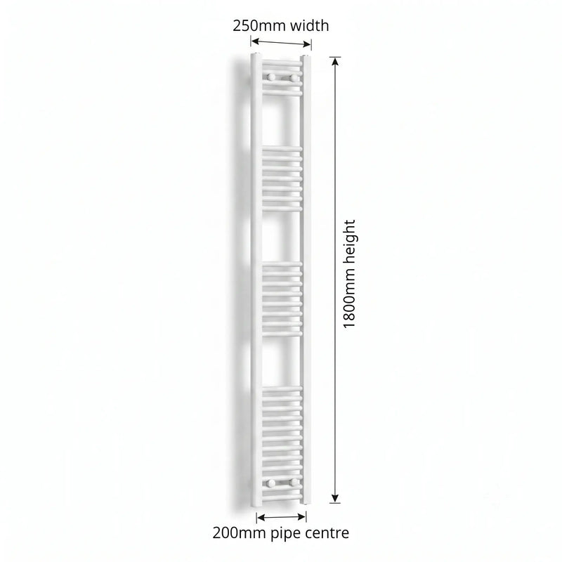 Dimension diagram: Flat White 250mm x 1800mm ladder towel rail with pipe centre measurement