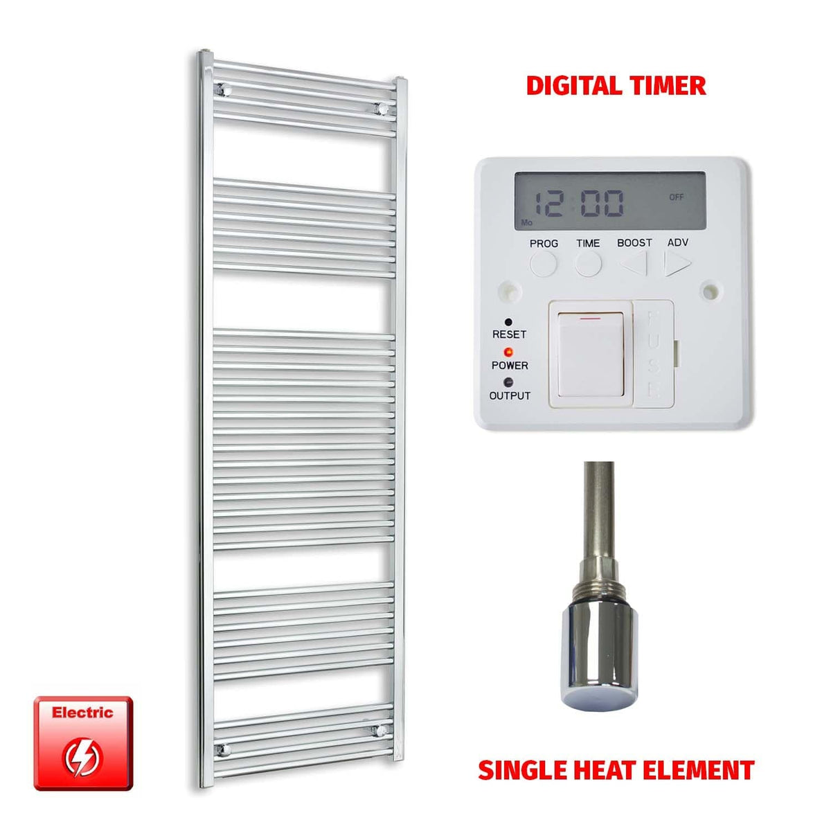 Single Heat / Digital Timer 1856 x 400 Pre-Filled Electric Heated Chrome Towel Rail