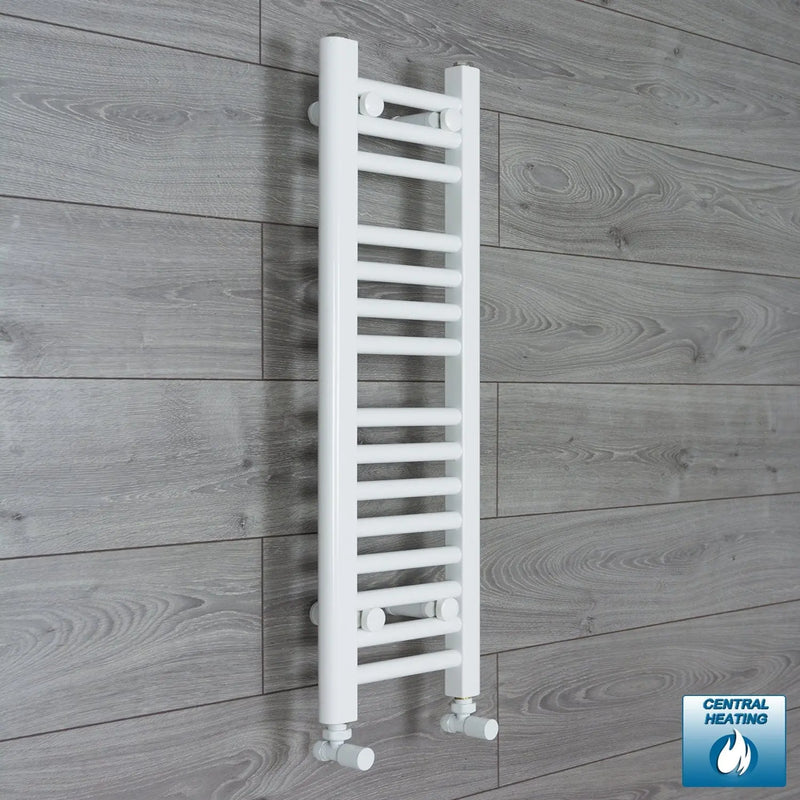 Flat White 800mm x 200mm ladder towel rail with angled valve connections