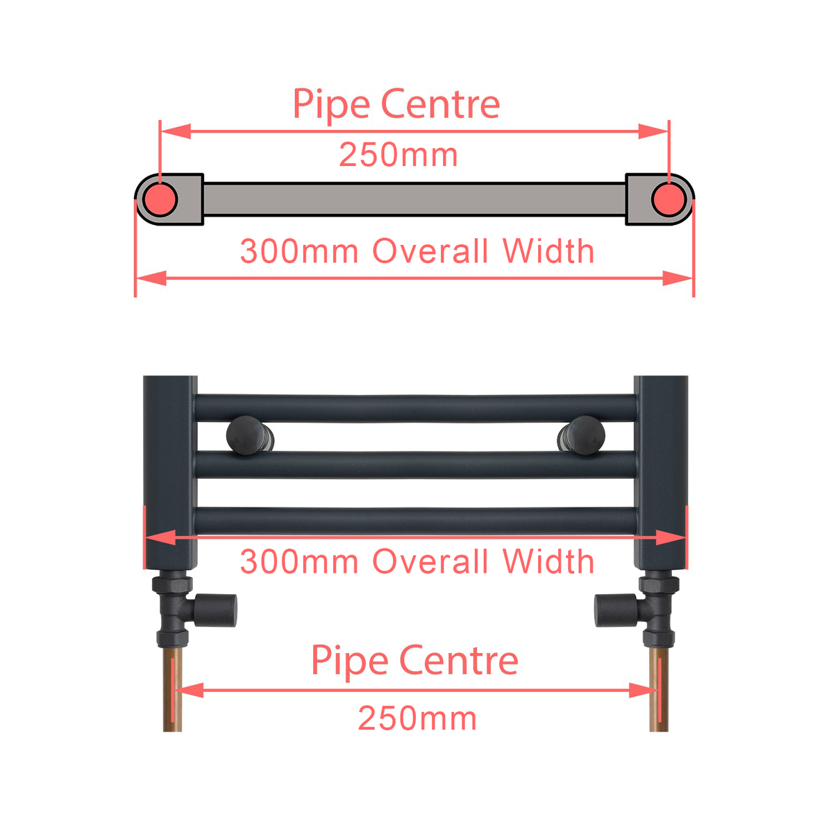 300 mm Wide Towel Rail Pipe Centre / Axis 250mm Diagram