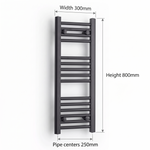 300 x 800mm Black towel radiator with measurements on a white background