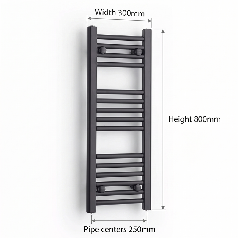 300 x 800mm Black towel radiator with measurements on a white background