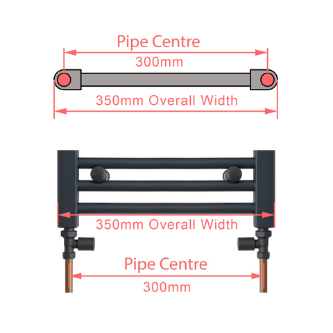 800 mm High x 350 mm Wide towel rail pipe center