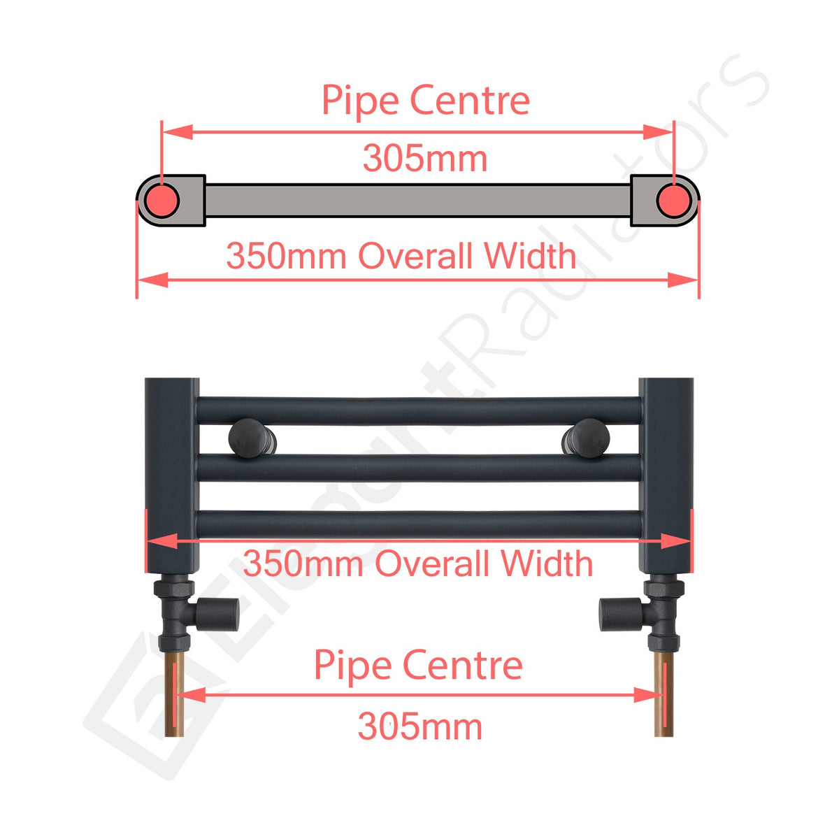 400 mm Wide Towel Rail Pipe Centre / Axis  305mm Diagram