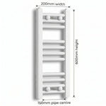 Dimension diagram: Flat White 200mm x 600mm ladder towel rail with 150mm pipe centre measurement