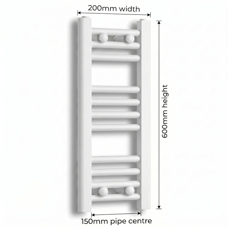 Dimension diagram: Flat White 200mm x 600mm ladder towel rail with 150mm pipe centre measurement