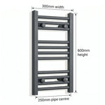 600 mm High x 300 mm Wide Flat Black Heated Towel Radiator
