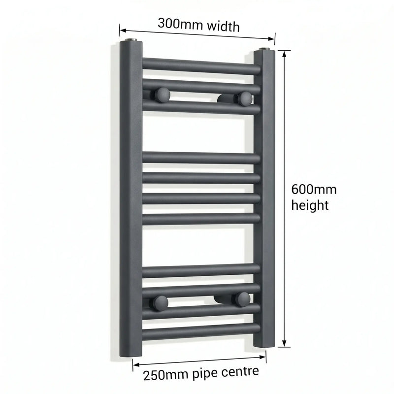 600 mm High x 300 mm Wide Flat Black Heated Towel Radiator