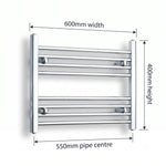 400 mm High x 600 mm Wide Heated Straight Towel Radiator Chrome - Elegant Radiators
