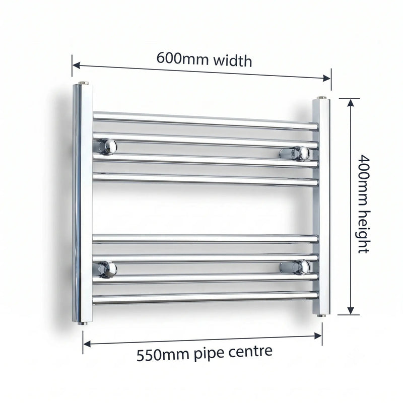 400 mm High x 600 mm Wide Heated Straight Towel Radiator Chrome - Elegant Radiators