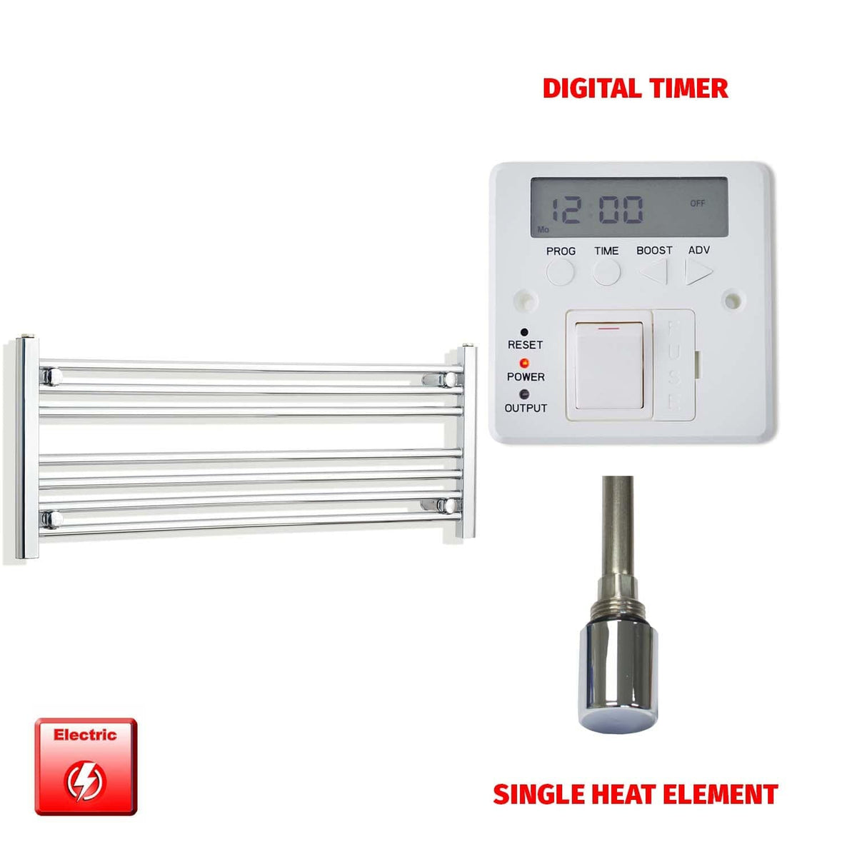 Single Heat / Digital Timer 400 x 1000 Pre-Filled Electric Heated Towel Radiator Straight Chrome