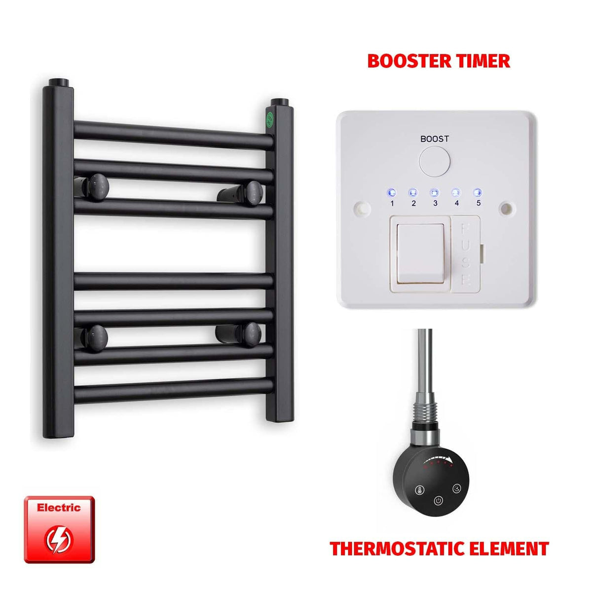 ER-Touch Thermostatic / Booster Timer 400 x 300 Flat Black Pre-Filled Electric Heated Towel Radiator HTR