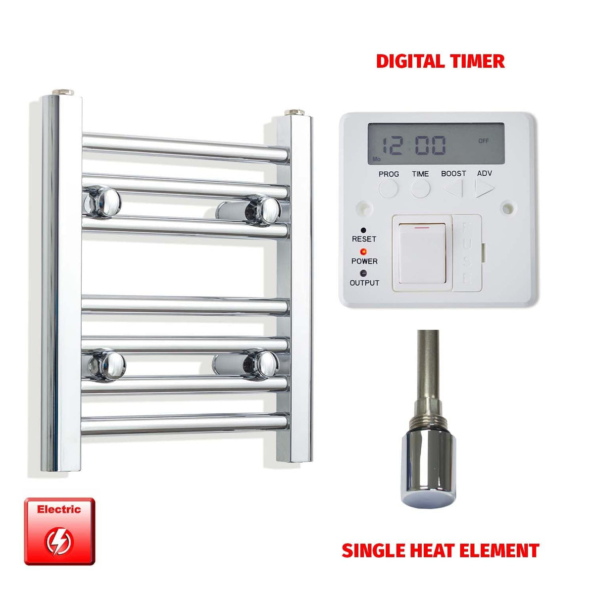 Single Heat / Digital Timer 400 x 300 Pre-Filled Electric Heated Towel Rail Chrome