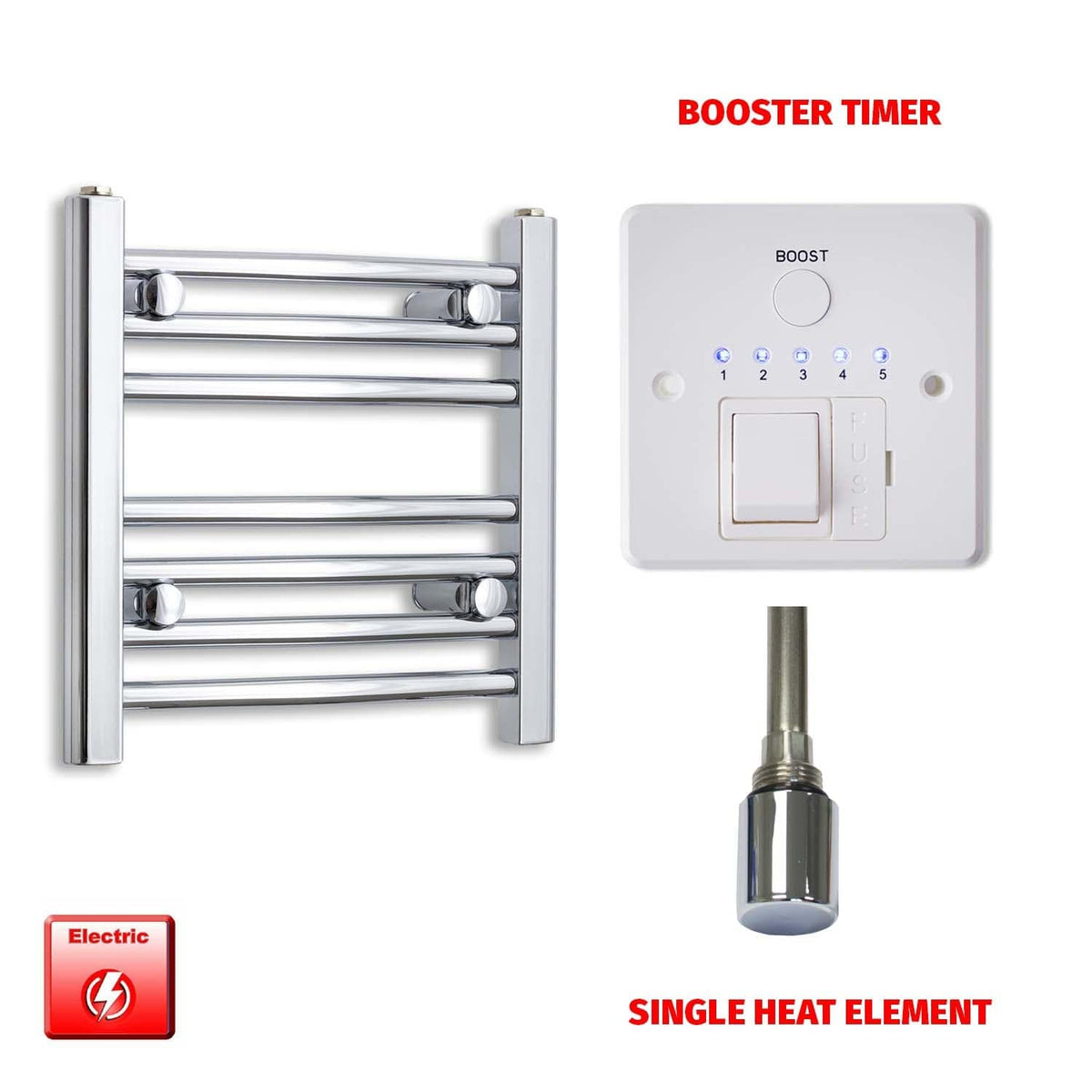 Flat / Single Heat / Booster Timer 400 x 400 Pre-Filled Electric Heated Chrome Towel Radiator