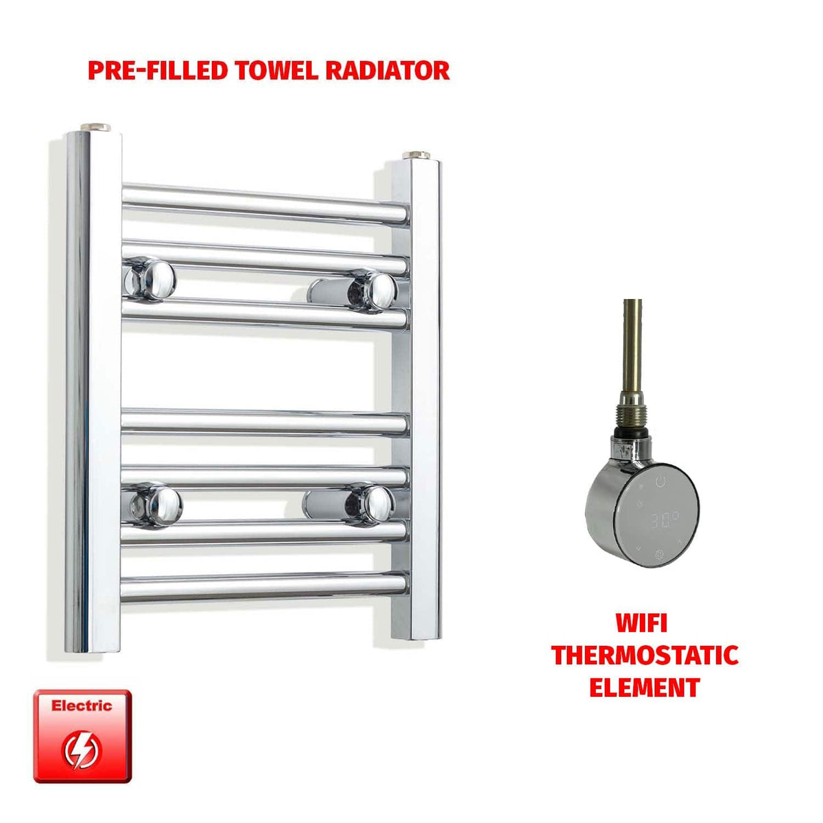 ER-Wifi Thermostatic / No Timer 400mm High 350mm Wid Pre-Filled Electric Heated Chrome Towel Rail