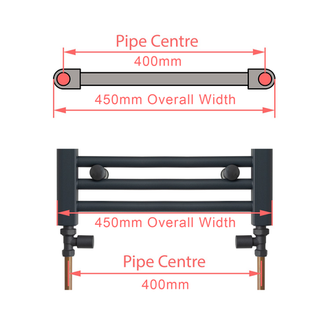 450 mm Wide Towel Rail Pipe Centre / Axis 400mm Diagram