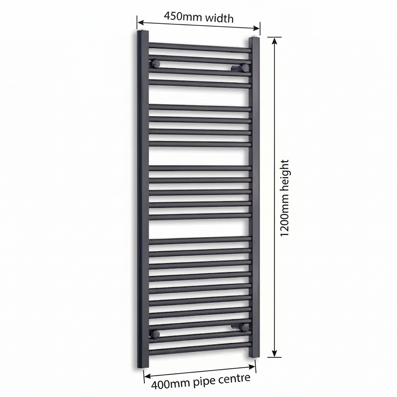 450x1200mm Flat Black Towel Rail Dimensions — pipe centres 400mm