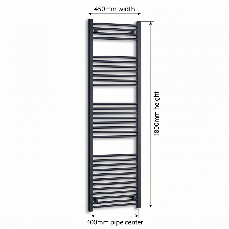 450x1800mm Flat Black Towel Rail Dimensions — pipe centres 400mm