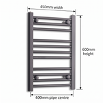 450x600mm Flat Black Towel Rail Dimensions — pipe centres 400mm